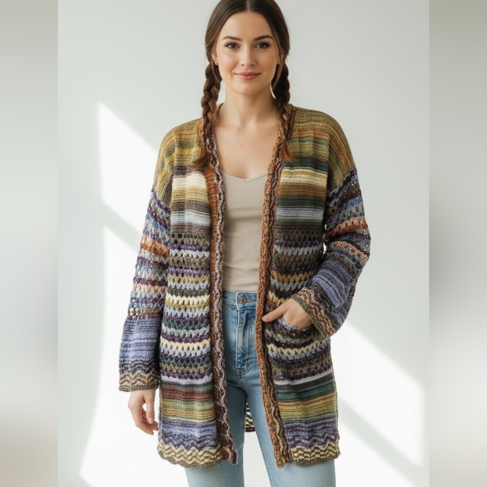Soft Surroundings Cardigan Sweater Crochet Stripes Boho Fairy Grunge S